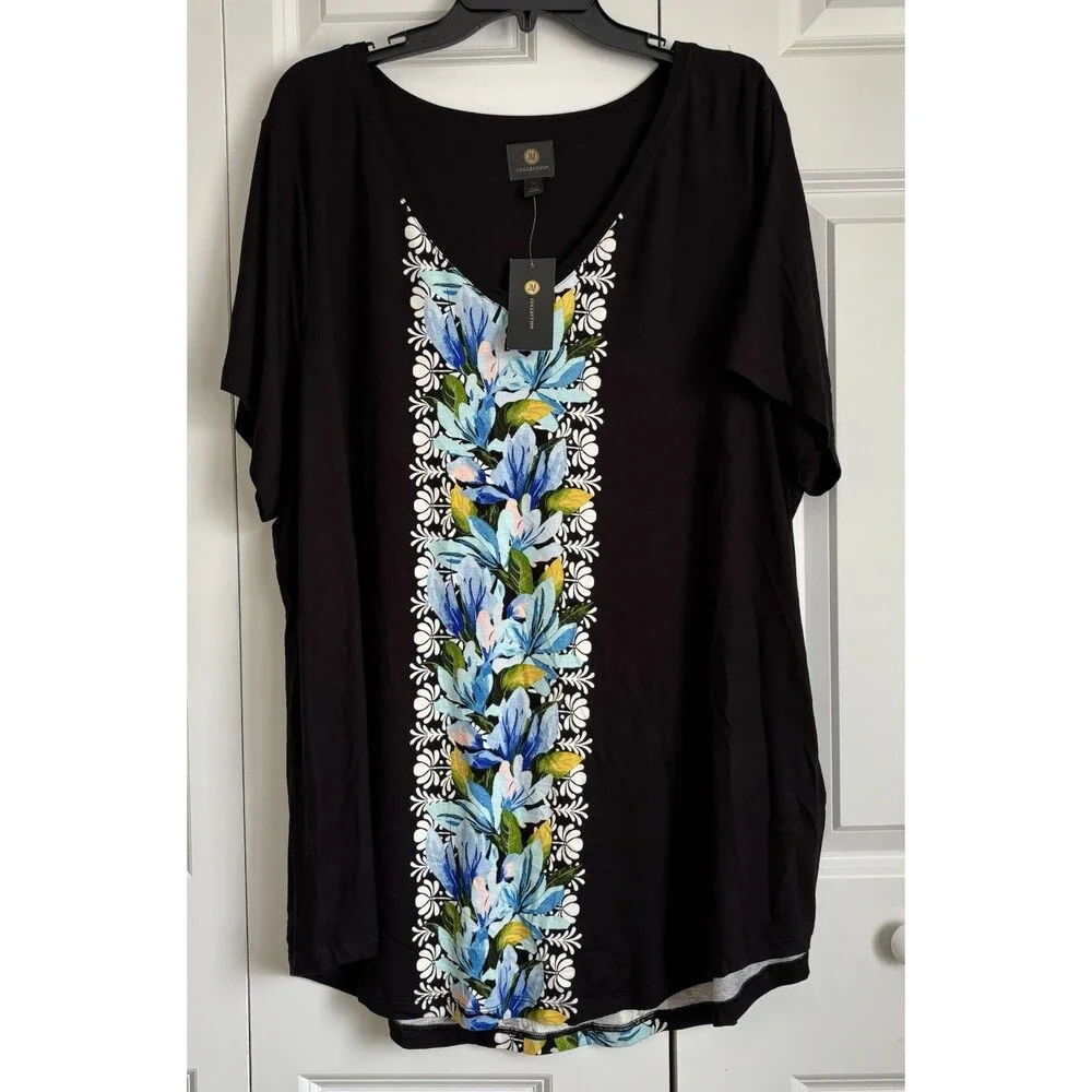 JM Collection Deep Black Floral V-Neck Short Sleeve Tee Top. Size 3X Tunic